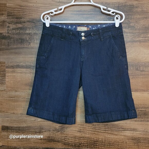Vtg Paige Cuffed Denim Bermuda Shorts Sz 28 Mid Rise Dark Wash Stretch Preppy - Picture 1 of 12